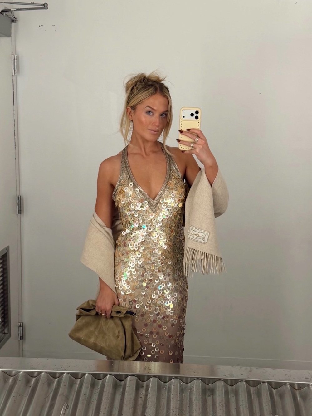 Sue Wong Gold Sequin Halter Maxi Dress - Picture 8 of 8